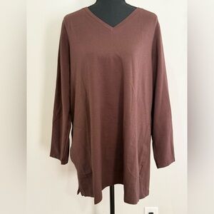 D&Co 1X Brown V-Neck Long Sleeve Top w Pockets and Stretch 876